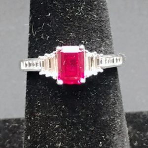  10kt White Gold Ring w/Ruby+Diamonds